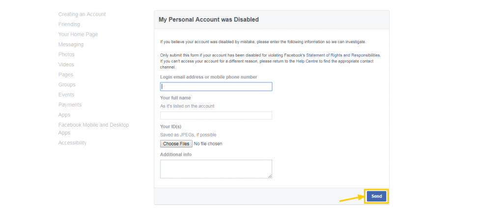 facebook disabled id recover link