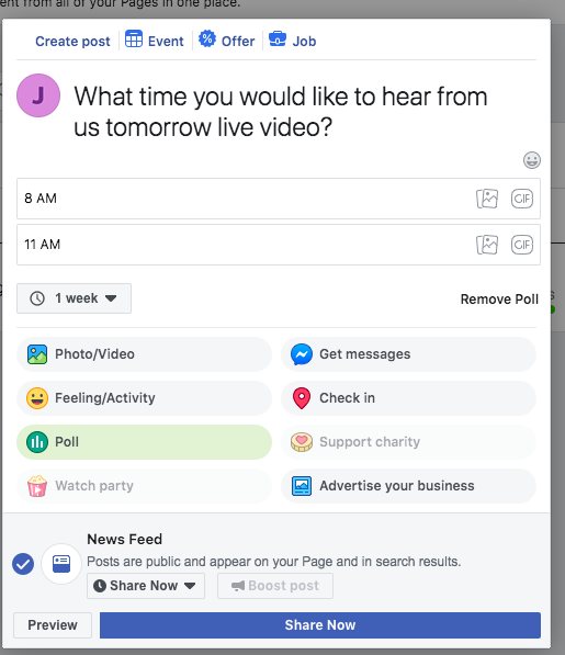Facebook: Poll duration and options