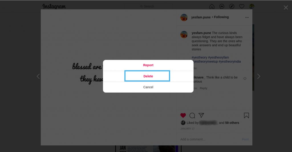 Tap on delete to delete comments on instagram