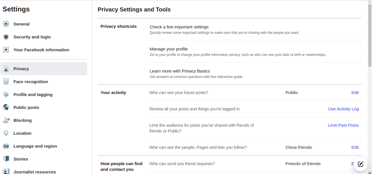 Privacy tab on Facebook