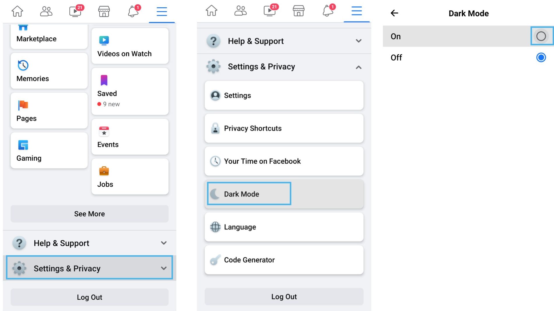 An image showing steps to follow to turn on Facebook dark mode