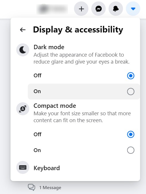 A image showing radio buttons to turn on and off Facebook Dark mode